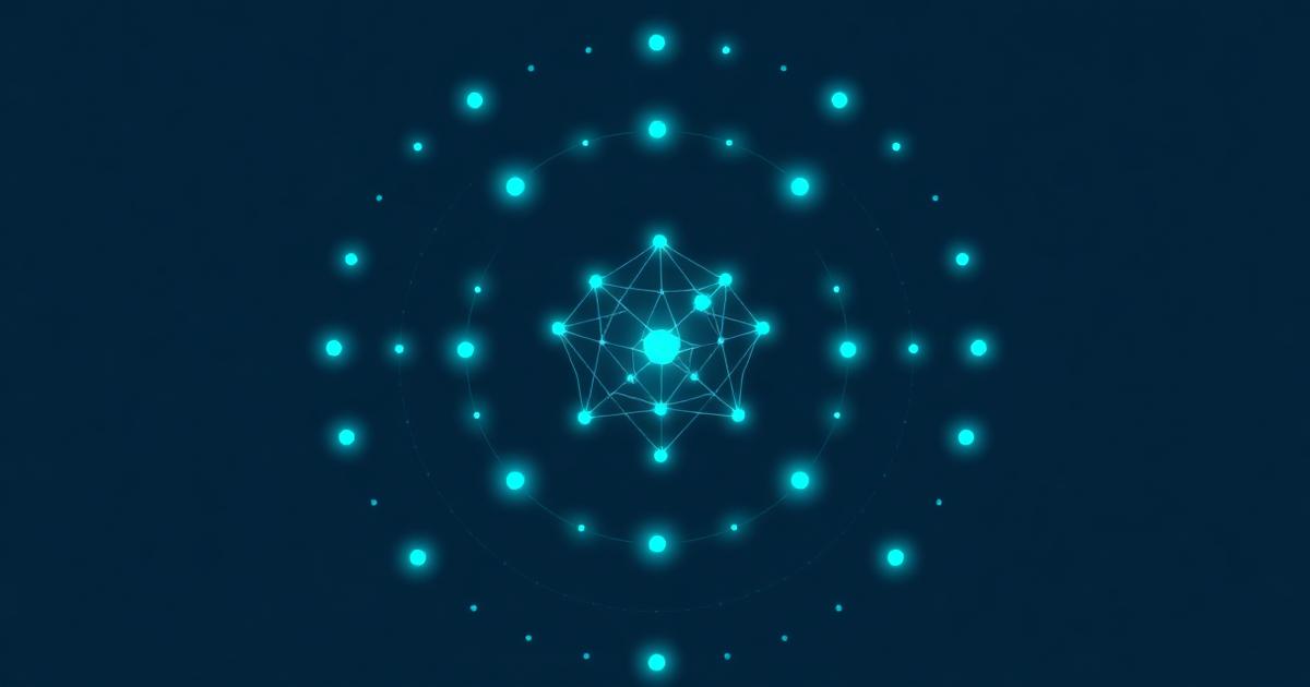Abstract teal geometric agent core with orbital rings representing plan, act, and remember on a deep navy background